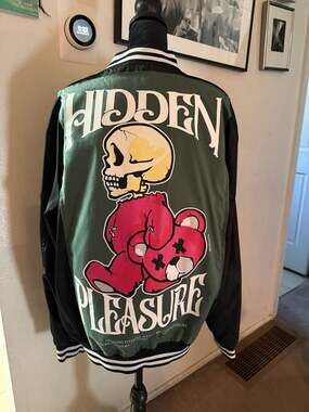 Original Deluxe 'Hidden Pleasure' Graphic Bomber Jacket with Skeleton Bear Desig